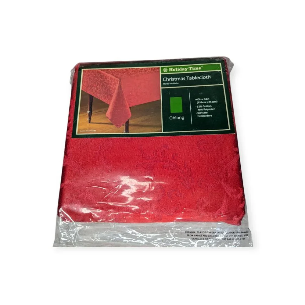 Holiday Time Matching Oblong Table Cloth & 5 Chair Covers- Red Embroidery NWT